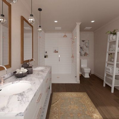 a bathroom with marble counter tops and white walls, along with two sinks on either side of the bathtub