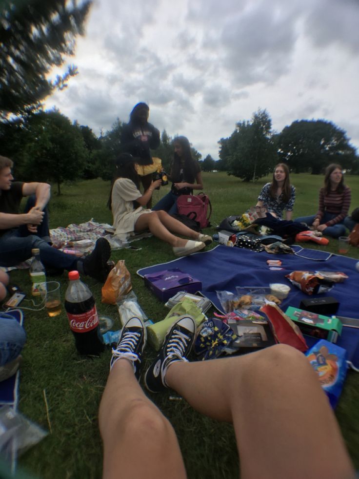 a group of people sitting on top of a lush green field next to each other