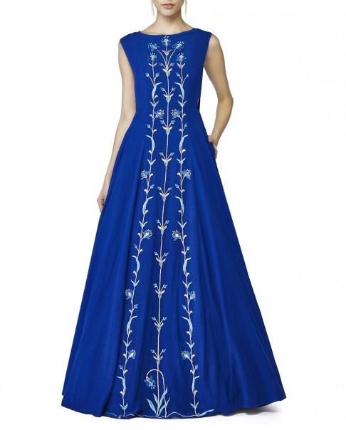 Royal Blue Color Gown Blue Floral Embroidered Wedding Gown, Blue Floral Embroidery Wedding Gown, Wedding Gown In Blue With Intricate Embroidery, Wedding Gown With Intricate Blue Embroidery, Blue Wedding Gown With Intricate Embroidery, Embroidered Gown With Fitted Bodice For Reception, Traditional Blue Embroidered Floor-length Dress, Blue Floral Embroidered Dress With Fitted Bodice, Embroidered Floor-length Gown With Fitted Bodice