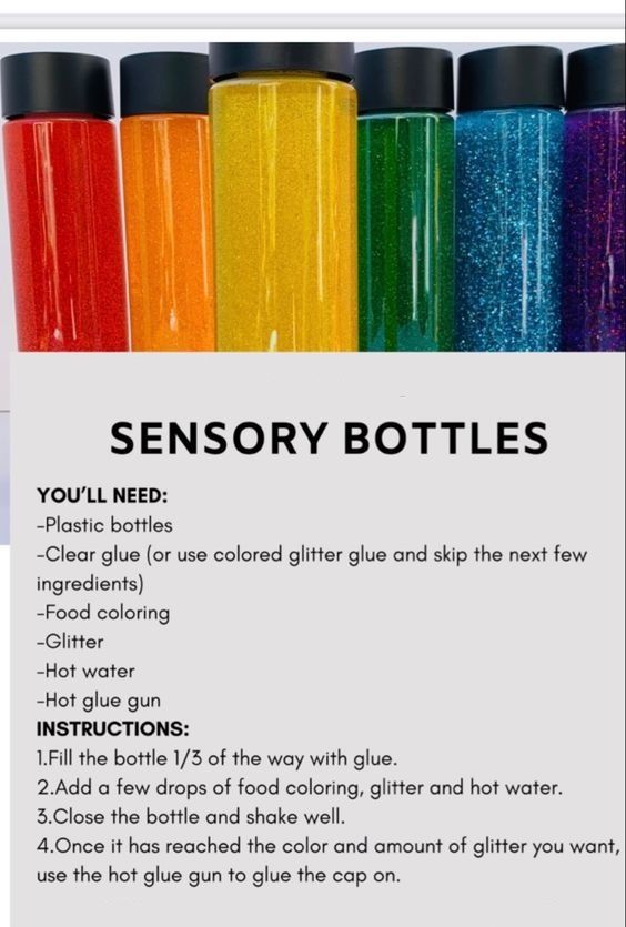 the instructions for how to use an empty bottle with colored glitter bottles in front of it