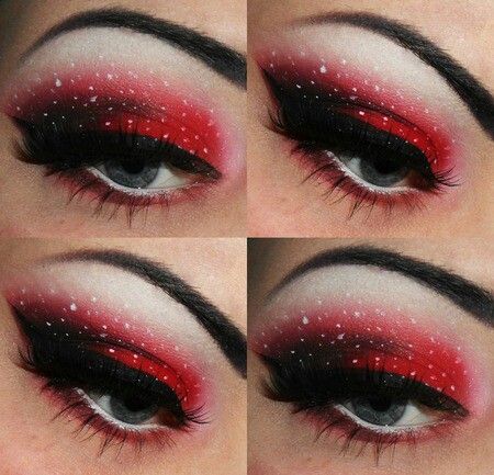 Red and Black Eyeshadow Red And White Christmas Makeup, Emo Christmas Makeup, Christmas Goth Makeup, Gothic Christmas Makeup, Alt Christmas Makeup, Red And White Makeup Looks, Strawberry Eye Makeup, Christmas Eye Looks, Goth Christmas Makeup