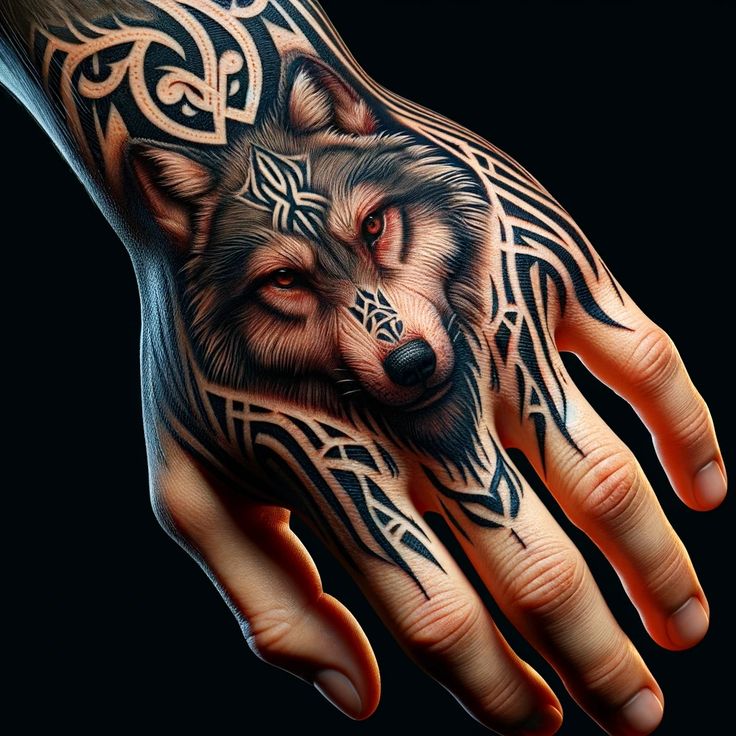 a hand with a wolf tattoo on it