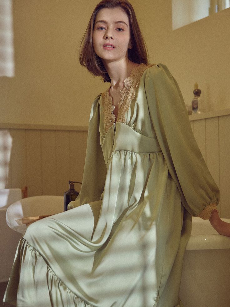 Editor's Notes The dress pajamas give a luxurious mood with smooth, glowy satin fabric and lace. - V-neckline to accentuate the neck- Delicate lace on the neckline- Floral patterned lace- Feminine fit that wraps to the body- Shirring on shoulders and chestMeasurements(in.)M / L- Length: 44.09 in. / 45.07 in.- Shoulder: 12.99 in. / 13.97 in. - Chest: 18.11 in. / 19.09 in.- Sleeve: 22.04 in. / 22.53 in.Model info: Lira - Height 5' 7'', Fitting size M / Anastasia - Height 5' 8'', Fit Luxury Feminine Delicate Lace Sleepwear, Dress Pajamas, Sleepwear Dress, Floral Lace Dress, Lingerie Sleepwear, Mens Outerwear, Sewing Clothes, Satin Fabric, Mens Bottom