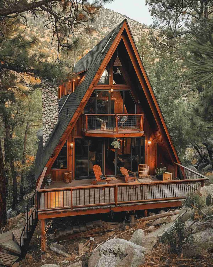 a - frame cabin in the woods surrounded by rocks and pine trees, with an open floor plan