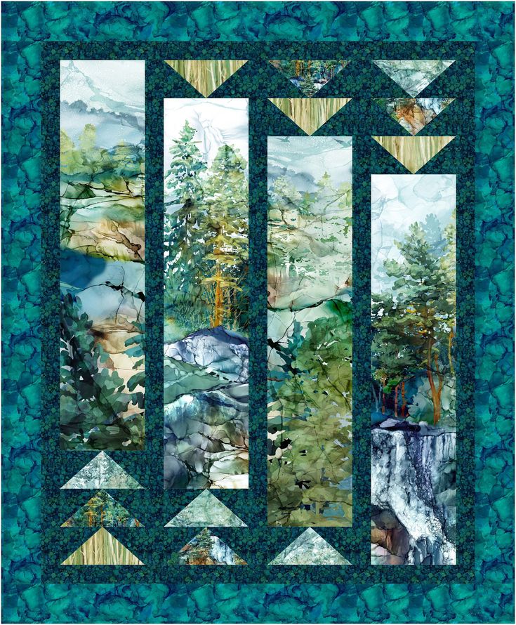 a quilted wall hanging with trees and mountains in the background, on top of a blue