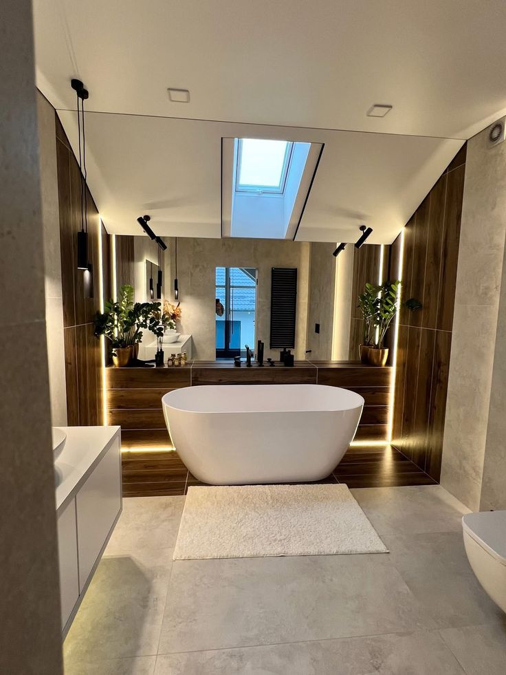 a bathroom with a large white bathtub sitting next to a sink