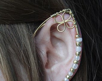 Handmade Adjustable Gold Ear Cuff, Unique Gold Brass Ear Cuff, Unique Gold Pierced Ear Climbers, Elegant Gold Wire Wrapped Cartilage Earrings, Adjustable Gold Ear Climbers For Gift, Adjustable Gold Pierced Ear Cuff, Bohemian Gold Ear Climbers As Gift, Unique Gold Ear Cuff, Gold Wire Wrapped Ear Cuff As Gift