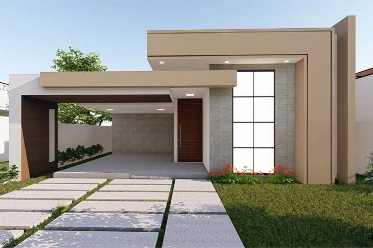 a rendering of a modern house in the middle of a yard with grass and flowers