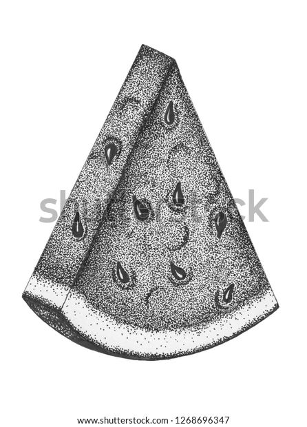 a slice of watermelon with drops on it, drawn in black and white