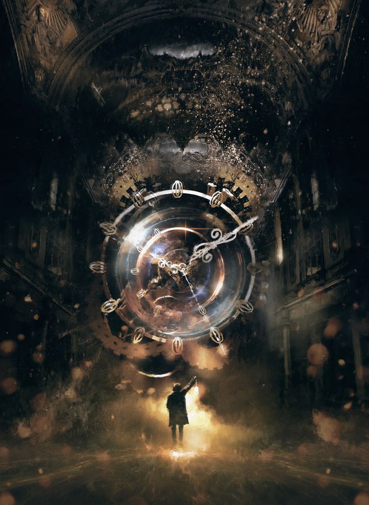 a man standing in front of a large clock surrounded by circles and stars on a dark background