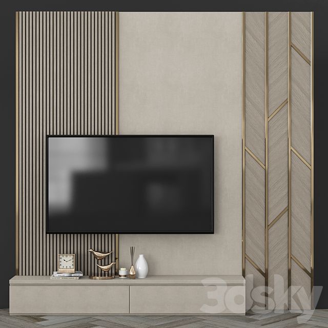 a modern living room with a flat screen tv on the wall and gold trimmings