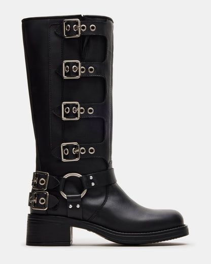 ROCKY Black Leather Knee-High Moto Boots | Women's Boots Steve Madden Rocky Boots, Fall And Winter Boots, Black Boots For Women, Rocky Boots, Boots Steve Madden, Engineer Boots, Boots Platform, An Engineer, Knee Boot