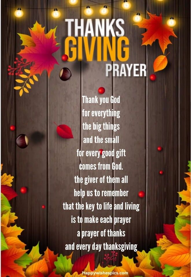 a thanksgiving prayer with autumn leaves and lights on the wooden background, which reads thanks giving prayer