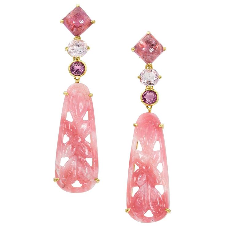 One-of-a-kind carved pink opal, sapphire and tourmaline drop dangle earrings, handcrafted in 18 karat yellow gold. 2.44 inches or 62 mm length. These uniquely carved pink opals are combined with sparkling sapphires and tourmalines to create an exquisite pair of classic yet modern earrings. Feminine and interesting, these elegant and beautiful earrings exude a touch of class. Opal Drop Earrings, 1st Dibs, Tourmaline Earrings, Drop Dangle Earrings, Crown Jewels, Diamond Drop Earrings, Women Diamond, Yellow Gold Earring, Opal Earrings