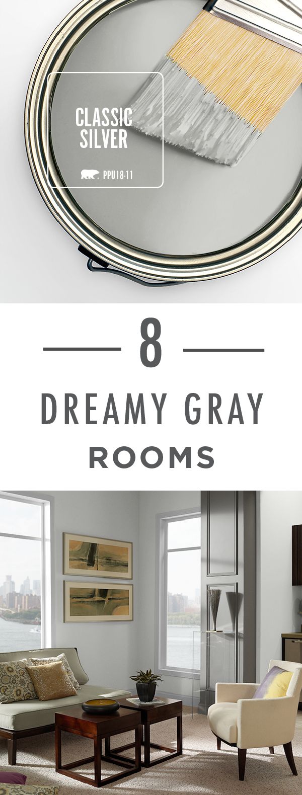 These 8 dreamy gray rooms sure know how to capture the simplistic and minimalistic aesthetic you love! The secret of achieving your very own modern makeover is by pairing your favorite cool-toned neutral hue with clean furniture lines and unique decor. Behr Gray, Gray Rooms, Room Paint Ideas, Interior Paint Colors Schemes, Color Paints, Painting 101, Grey Room, Trendy Living Rooms, Room Paint Colors