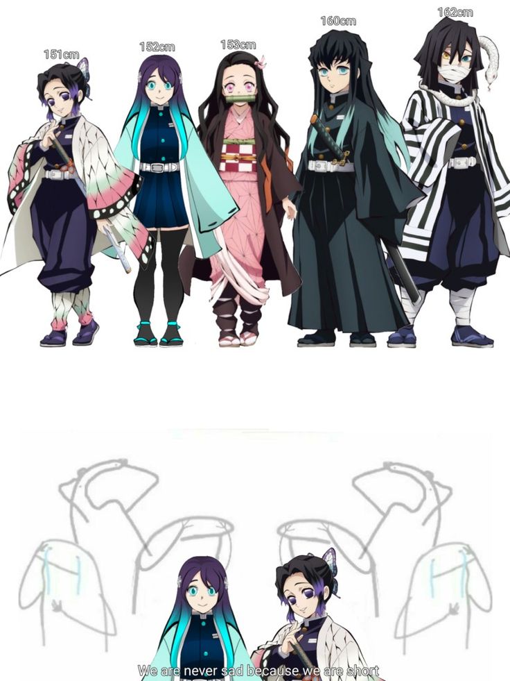 some anime characters are standing together in different poses and colors, with the same character on each