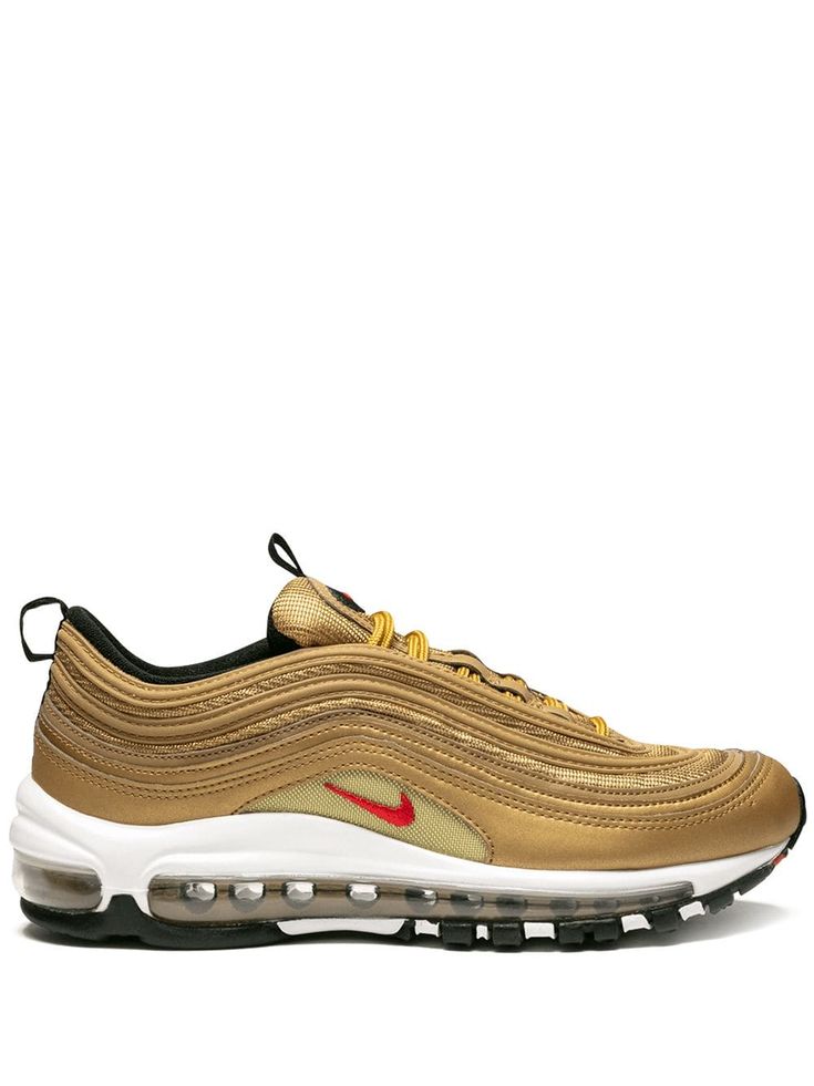 What your mini-me needs is to get some fresh 'Air'. Made from gold-tone leather, these Air Max 97 QS sneakers from Nike will make his feet stand out anywhere he goes. Now he's good. Featuring an almond toe, a lace fastening and a ridged rubber sole. Supplied by a premier sneaker marketplace dealing with unworn, already sold out, in demand rarities. Each product is rigorously inspected by experienced experts guaranteeing authenticity. Gold Sneakers, Red Nike, Boys Nike, Nike Kids, Nike Air Max 97, 4 Kids, Mini Me, Boys Shoes, Metallic Gold