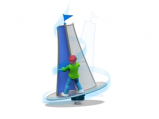 a little boy standing on top of a blue sail boat