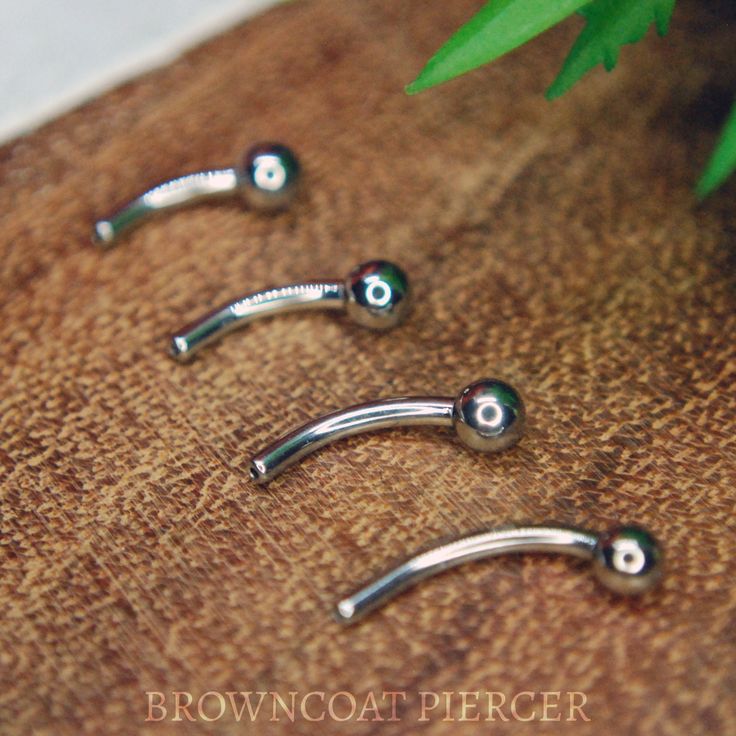 three silver nose rings sitting on top of a brown cloth next to a green plant