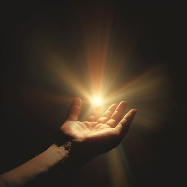 Man's hand reaching for the sun on a dark background with rays of light Open Hand Reaching Out, Light Rays Photography, Looking Down At Hands, Hands Reaching Reference, Light Symbolism, La Jetee, Twin Crowns, Hands Of Light, Reaching Hand