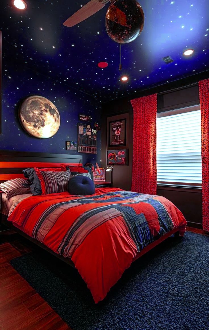 a bed room with a neatly made bed and a ceiling full of stars on the ceiling