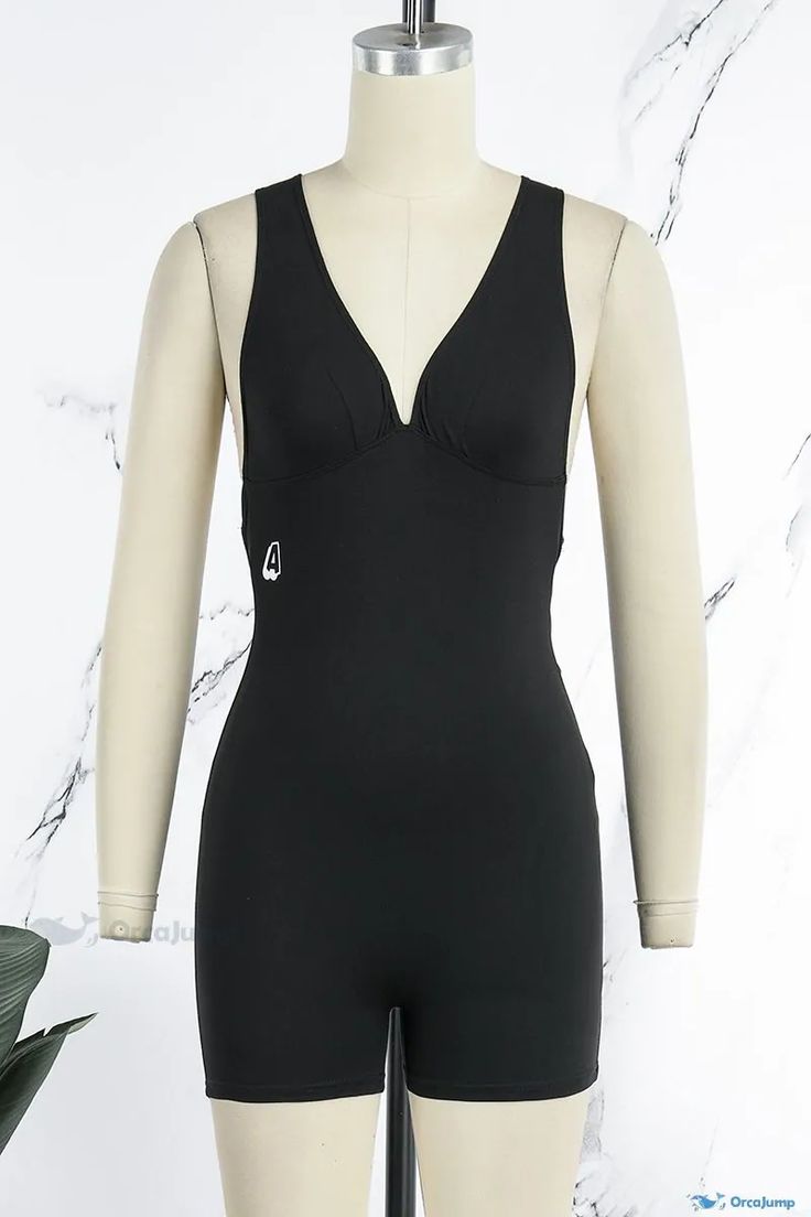 OrcaJump - Striking Black Sportswear with Letter Patchwork, Elegant Backless Design, and Classic Fold V Neck - The Ultimate Skinny Jumpsuit Stretch V-neck Bodysuit For Workout, Sleeveless Sportswear Bodysuit For Swimming, Black High Stretch V-neck Jumpsuits And Rompers, Black Compression Sleeveless Swimwear, Black Stretch Bodysuit For Sportswear, Black Sports Jumpsuits And Rompers For Summer, Black Jumpsuits And Rompers For Summer Sports, Sporty Fitted V-neck Swimwear, Casual High Stretch Bodysuit For Training