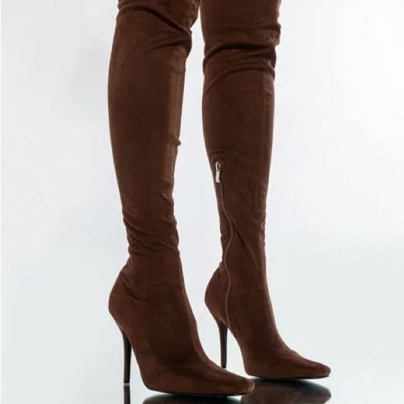 Faux Suede Stiletto Boot Featuring A Square Toe Design, Slim Stiletto Heel, Over-The-Knee Silhouette, And An Inner Ankle Zipper Closure. Square Toe 25” Shaft Height -4.25” Heel Height Fitted Brown Boots For Party, Fitted Brown Party Boots, Fitted Brown Boots For Night Out, Fitted Brown Heels For Evening, Brown Fitted Evening Heels, Fall Season Pointed Toe Heels, Fitted Suede Heels With Round Toe, Brown Fitted Heels With Pointed Toe, Suede Knee-high Party Heels