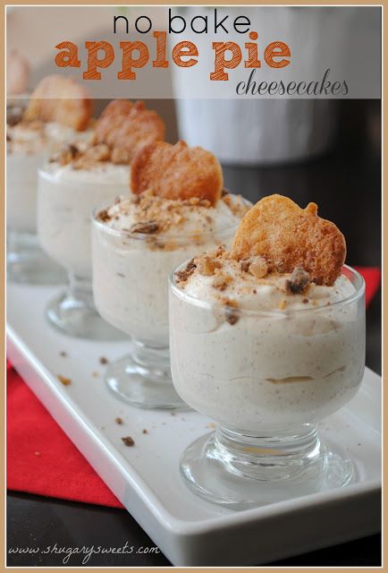 no bake apple pie cheesecakes in small glasses on a white platter