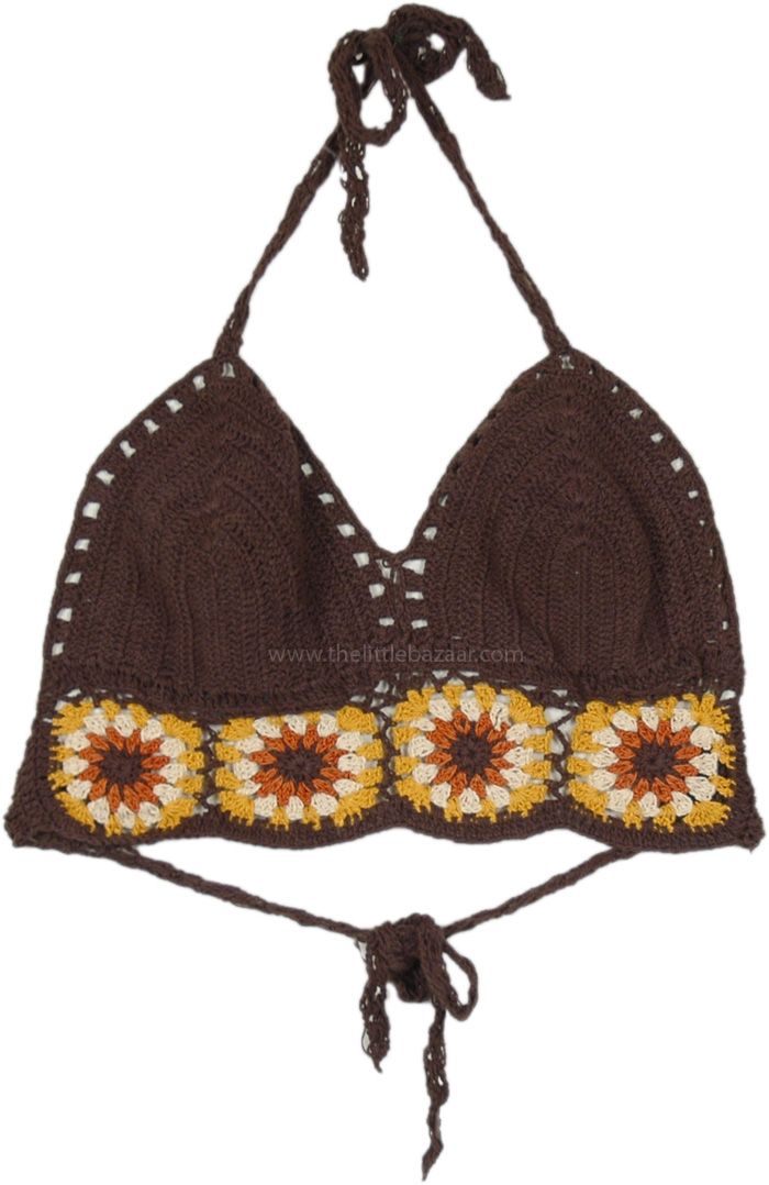 This handmade bohemian bra top is crafted from soft cotton crochet and comes in two sizes.  The top features a brown base with intricate crochet patterns in shades of yellow and beige, creating a visually appealing design. #tlb #Sleeveless #CrochetClothing #vacationclothing #beachwrap #bohemianfashion #Handmade #BohemianBralette #Crochettop #Cottontop Yellow Bohemian Crochet Top For Festival, Bohemian Brown Crop Top, Brown Triangle Halter Top For Vacation, Yellow Crochet Lace Top For Festival, Fitted Yellow Bohemian Crochet Top, Fitted Bohemian Brown Crop Top, Brown Fitted Crop Top For Vacation, Fitted Brown Halter Top For Festivals, Brown Crochet Top For Summer Vacation