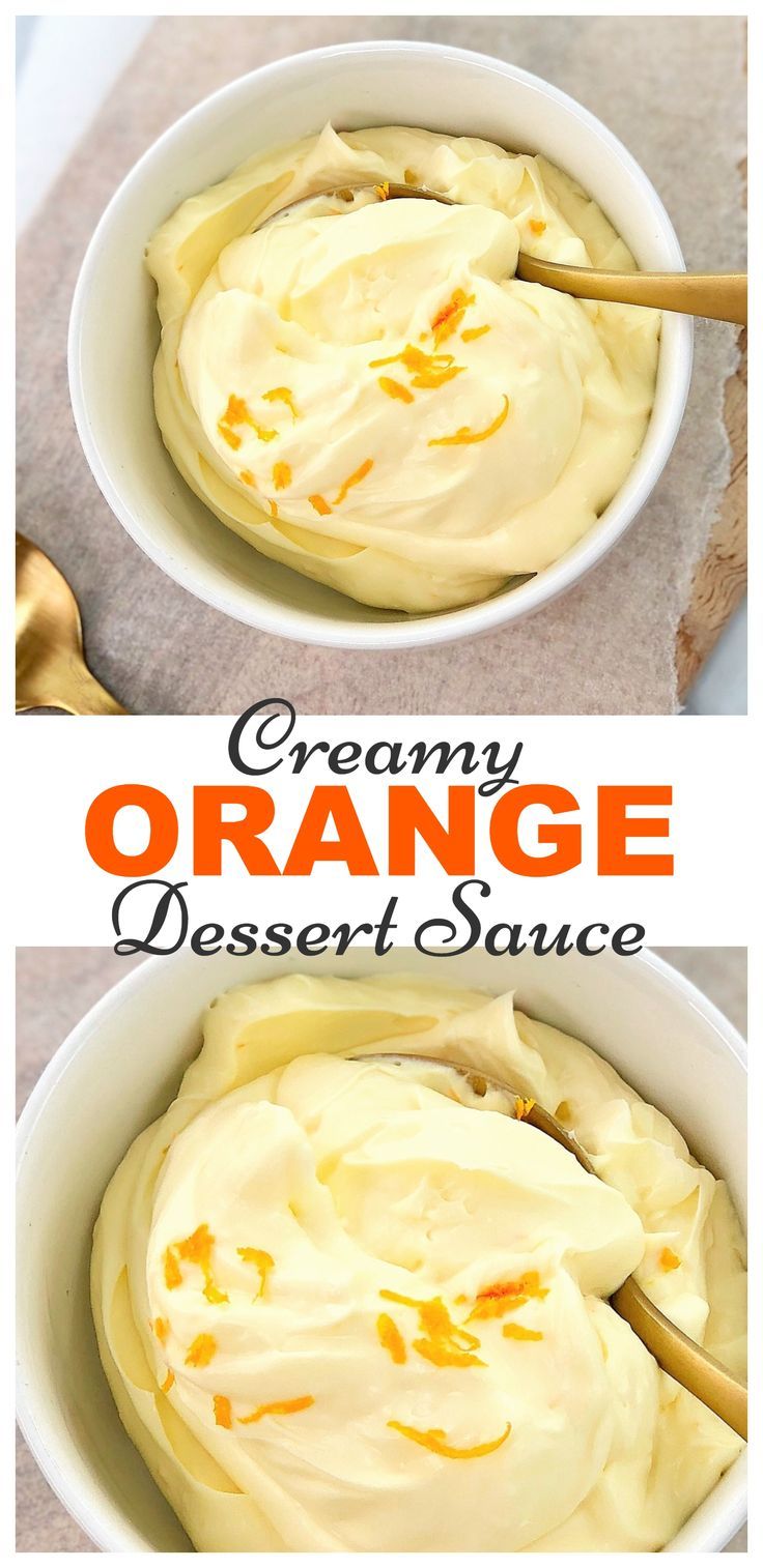 two pictures of orange dessert sauce in white bowls