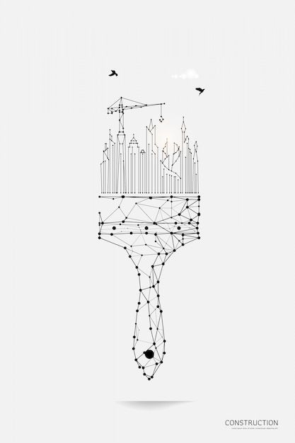 an abstract drawing of a city with buildings and birds flying over it on a white background