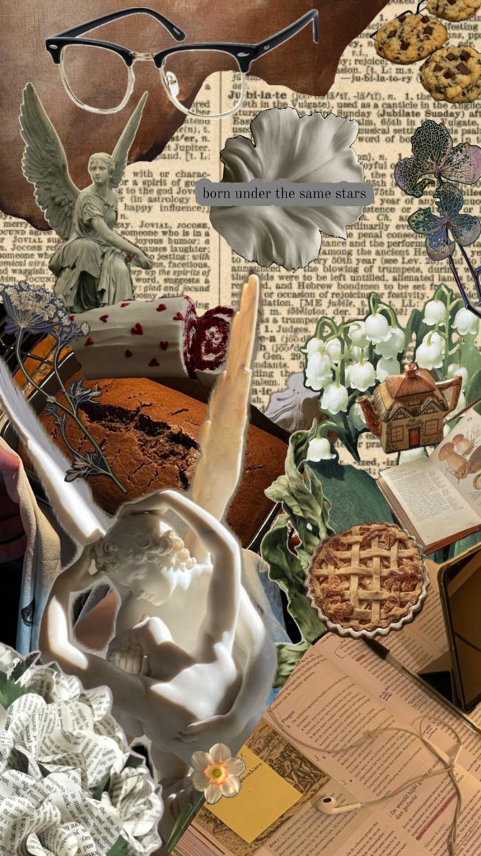 collage of books, flowers, and other items in the shape of an animal's head