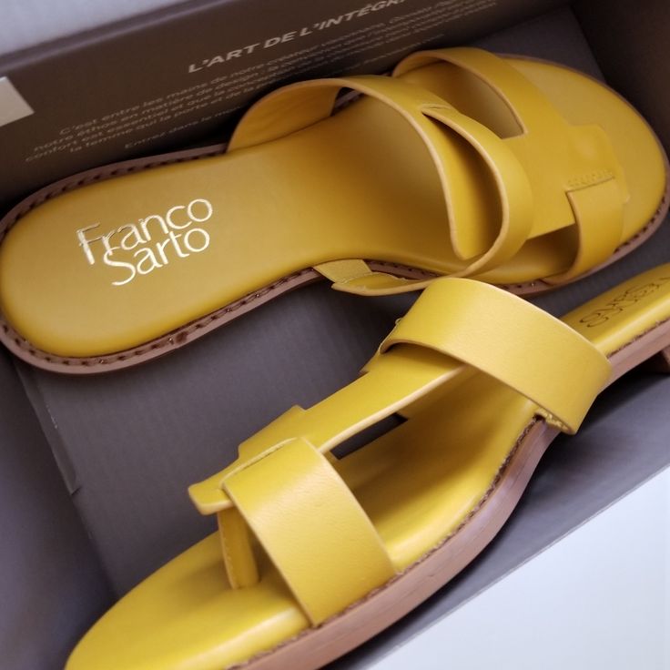 Nib Franco Sarto Mustard Gretta Flat Sandal 8. In Perfect Condition. Final Price. All Offers Will Be Blocked Chic Yellow Slip-on Sandals, Yellow Leather Flat Heel Sandals, Chic Flat Yellow Sandals, Chic Yellow Flat Sandals, Mustard Leather Open Toe Sandals, Yellow Closed Toe Sandals With Cushioned Footbed, Casual Yellow Sandals With Single Toe Strap, Mustard Leather Sandals For Summer, Franco Sarto Sandals