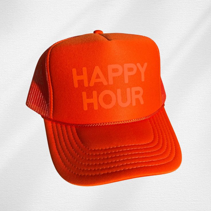 Be bold and make a statement with your style wearing the Happy Hour Trucker Hat. This fun foam trucker hat features a stylish monochrome design and breathable mesh back. An ideal accessory to express your personality and make a statement. Get ready for happy hour! Fun Orange Trucker Hat, Trendy Party Trucker Hat For Spring, Trendy Spring Party Trucker Hat, Trendy Mesh Trucker Hat With Letter Print, Trendy Mesh Snapback Hat For Spring, Summer Party Trucker Hat, Trendy Trucker Hat For Summer Streetwear, Orange Summer Trucker Baseball Cap, Trendy Orange Trucker Hat For Summer