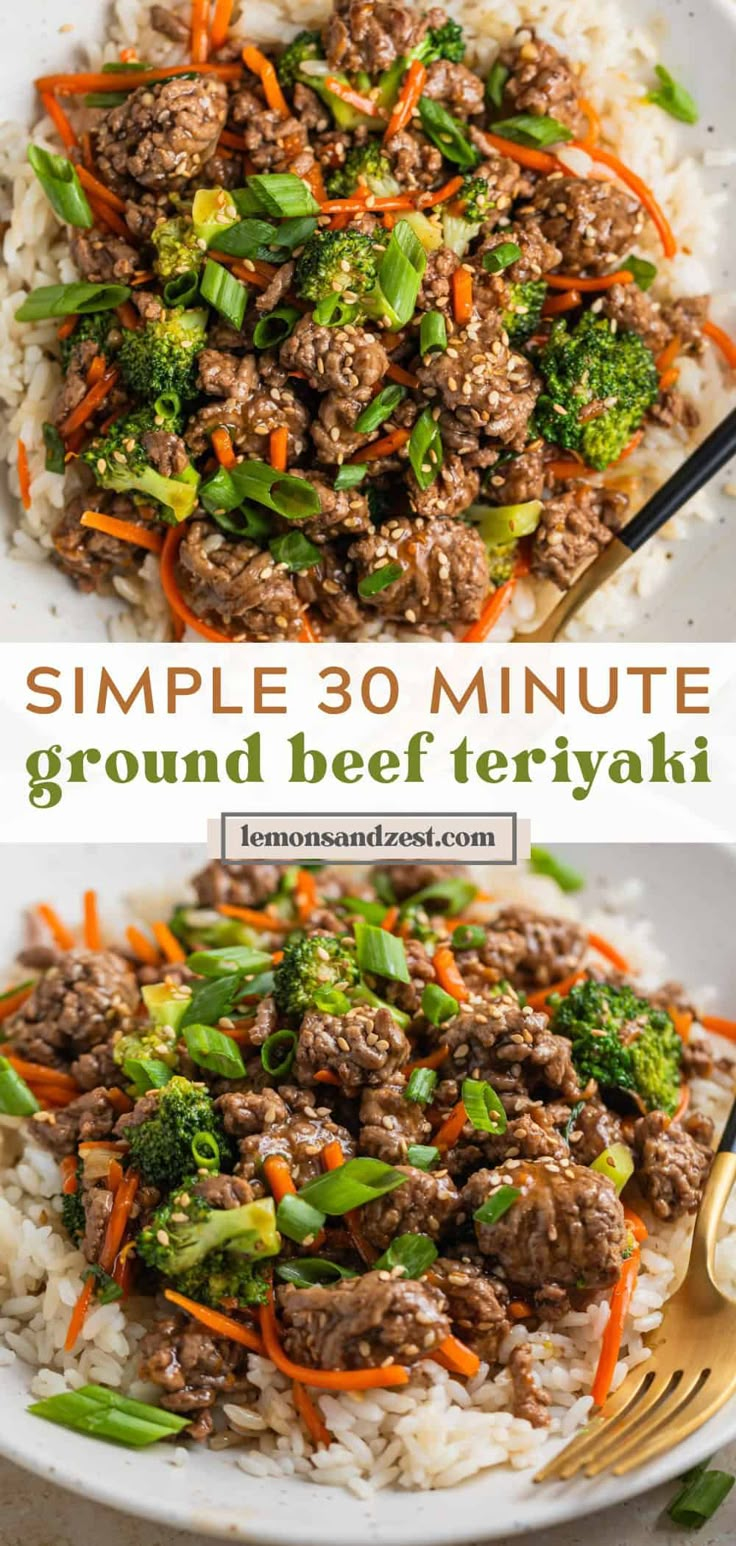 two plates filled with ground beef and broccoli on top of white rice, next to a fork