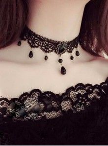 Concise Black Lace Beaded Gothic Lolita Choker Kalung Choker, Black Lace Choker, Lace Choker Necklace, Velvet Choker Necklaces, Crystal Lace, Gothic Chokers, Black Velvet Choker, Lace Choker, Detailed Necklace