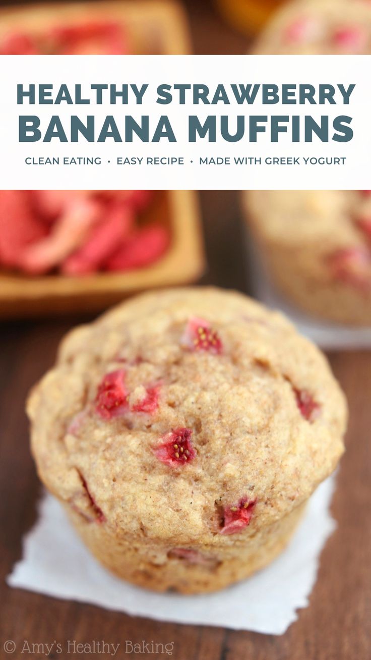 healthy strawberry banana muffins with text overlay