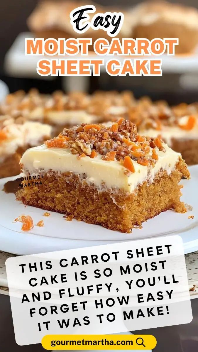 a piece of carrot sheet cake on a white plate with the words easy carrot sheet cake