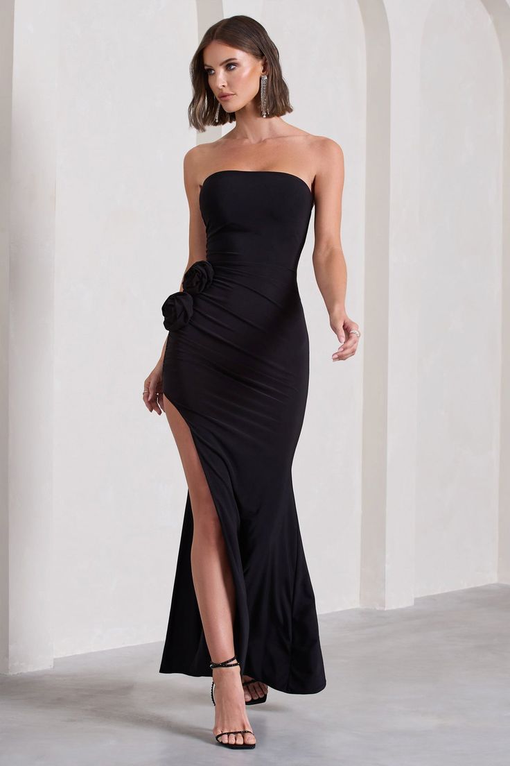 My Muse | Black Ruched Bandeau Split Maxi Dress With Flowers Bandeau Black Maxi Dress, Black Strapless Maxi Dress With Fitted Bodice, Black Gala Dress, Long Tube Top, Floral Corsage, Midi Bridesmaid Dress, Fishtail Maxi Dress, Understated Glamour, Gala Dress