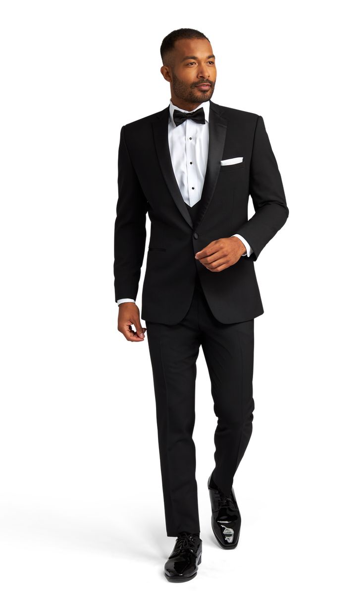 A slim black tuxedo with one button and a slightly rounded notch lapel. Black Tuxedo With Pressed Crease For Evening, Black Evening Tuxedo With Pressed Crease, Classic Single Button Evening Tuxedo, Elegant Black Single-breasted Tuxedo, Black Tuxedo With Notch Lapel For Evening, Black Tuxedo For Black Tie Events, Black Notch Lapel Tuxedo For Evening, Black Single Breasted Tuxedo For Formal Occasions, Wedding Tuxedo With Notch Lapel And Single Button