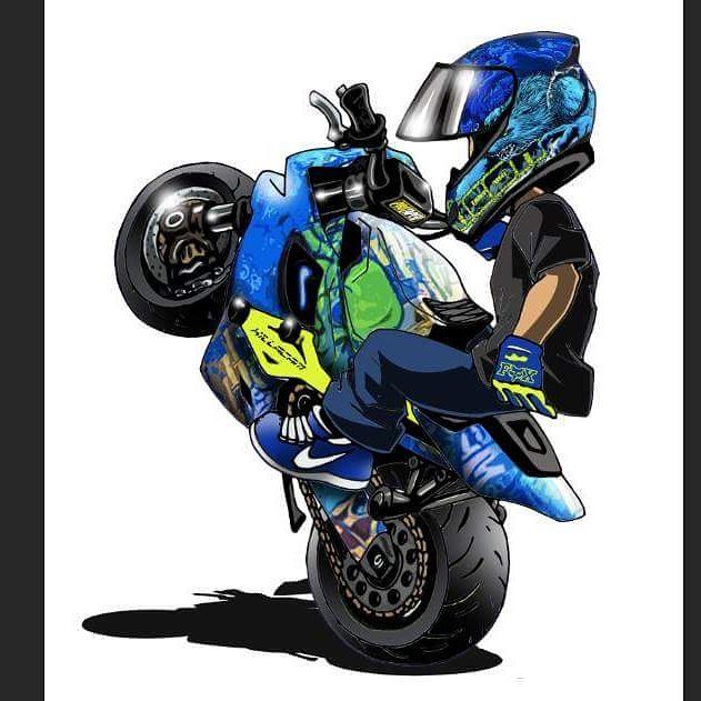 a man riding on the back of a blue motorcycle in front of a white background