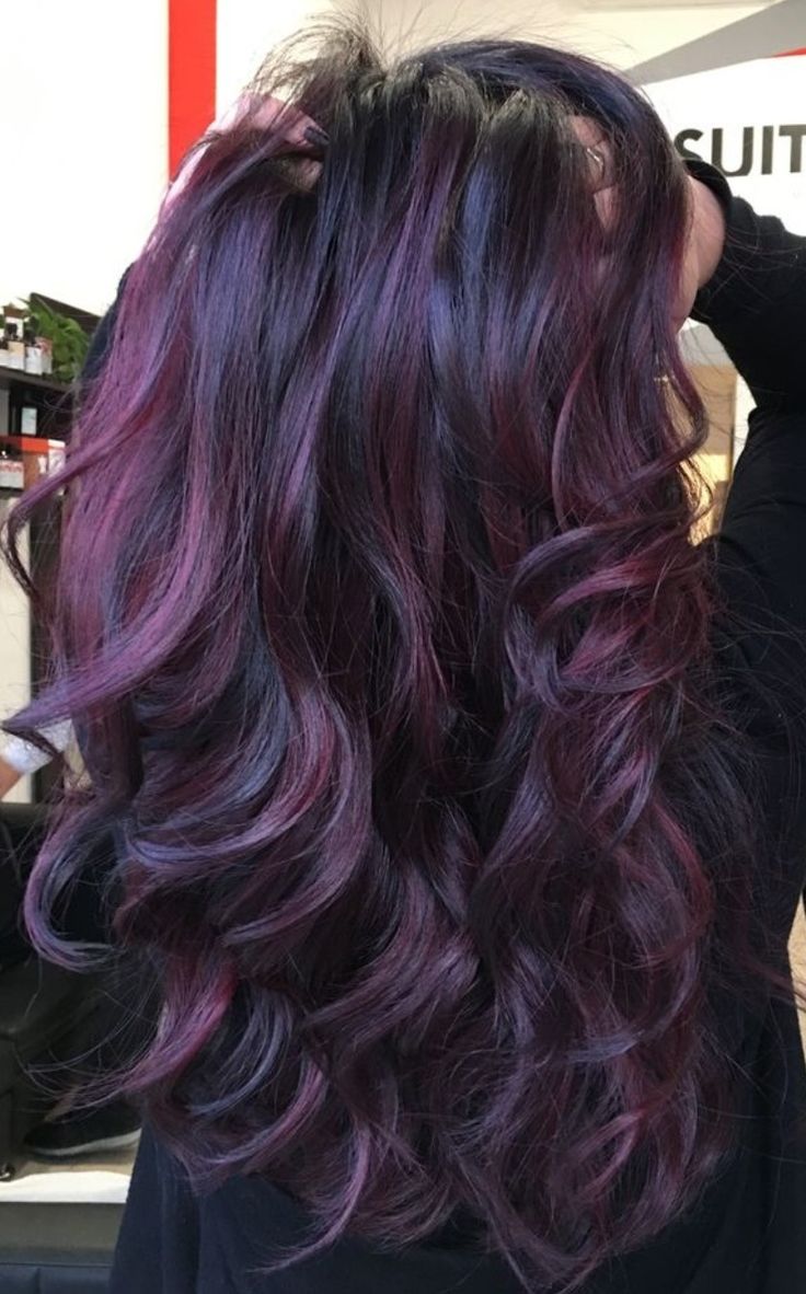 Dark Brunette Balayage Hair Purple, Blackberry Highlights On Brown Hair, Dark Purple Baylage Hair, Purple Hair For Dark Hair, Violet Bayalage Hair, Blackberry Hair Colour With Highlights, Eggplant Highlights On Dark Hair, Dark Hair With Purple Undertones, Dark Purple Hair With Highlights