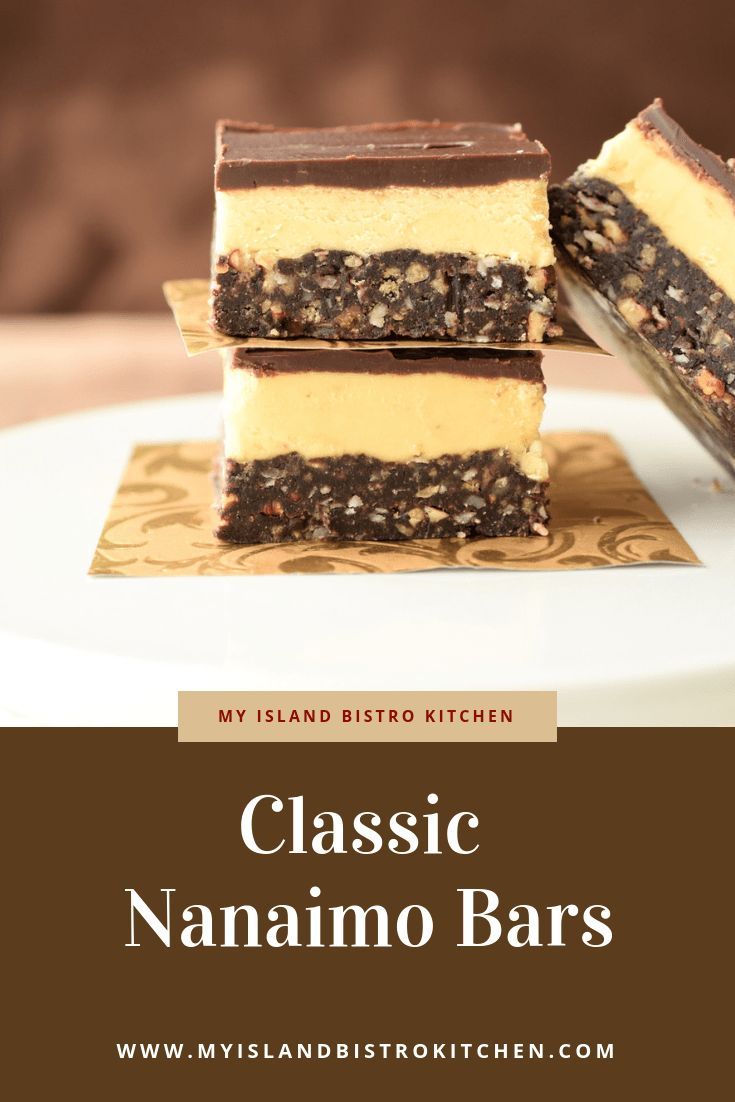 three pieces of cake sitting on top of a plate with the words classic nananoo bars