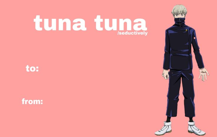 an anime character is standing in front of a pink background with the words tuna tuna on it