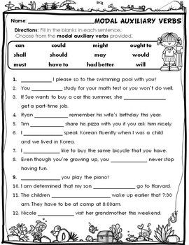 the worksheet for modal auxiliary verbs