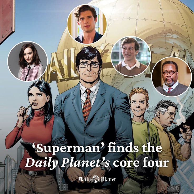 an advertisement for the daily planet's core four, featuring two men and one woman