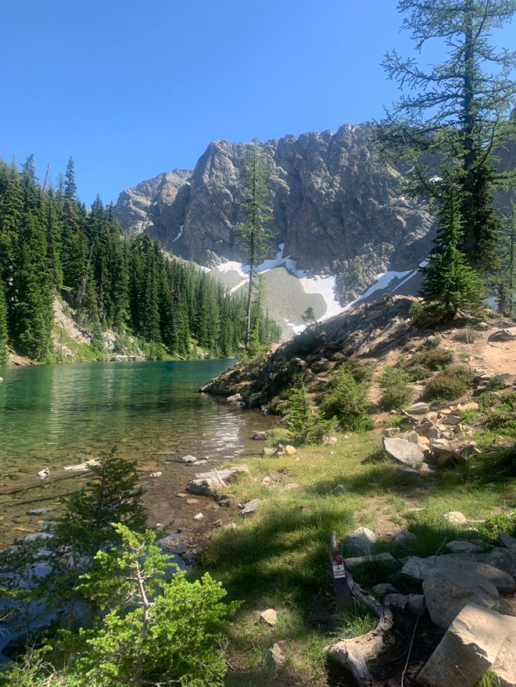 a mountain lake surrounded by trees and rocks