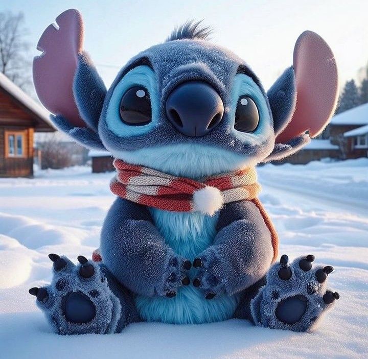 a stuffed animal sitting in the snow with it's paws up and eyes wide open