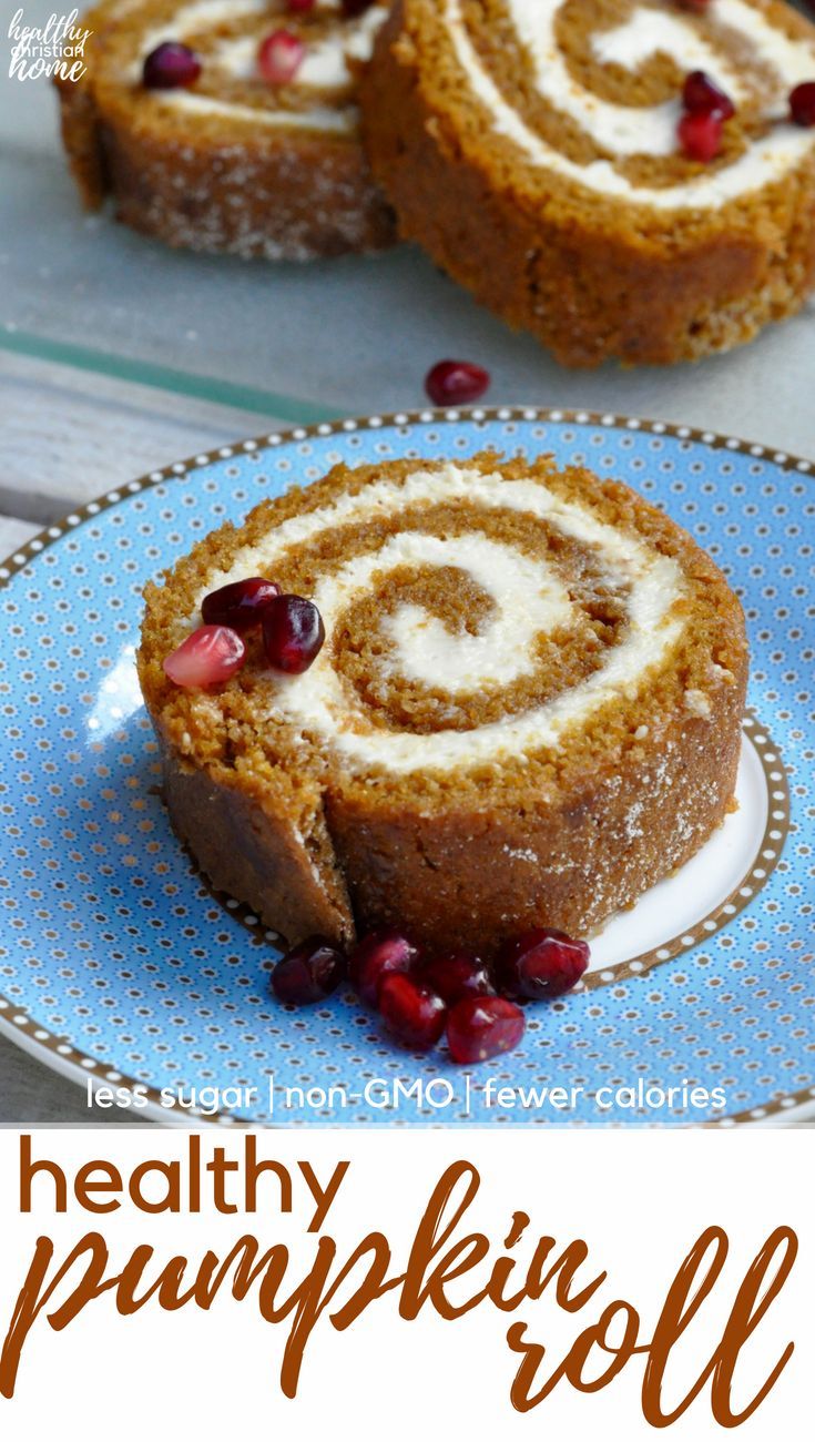 a plate with some food on it and the words healthy pumpkin roll written in white