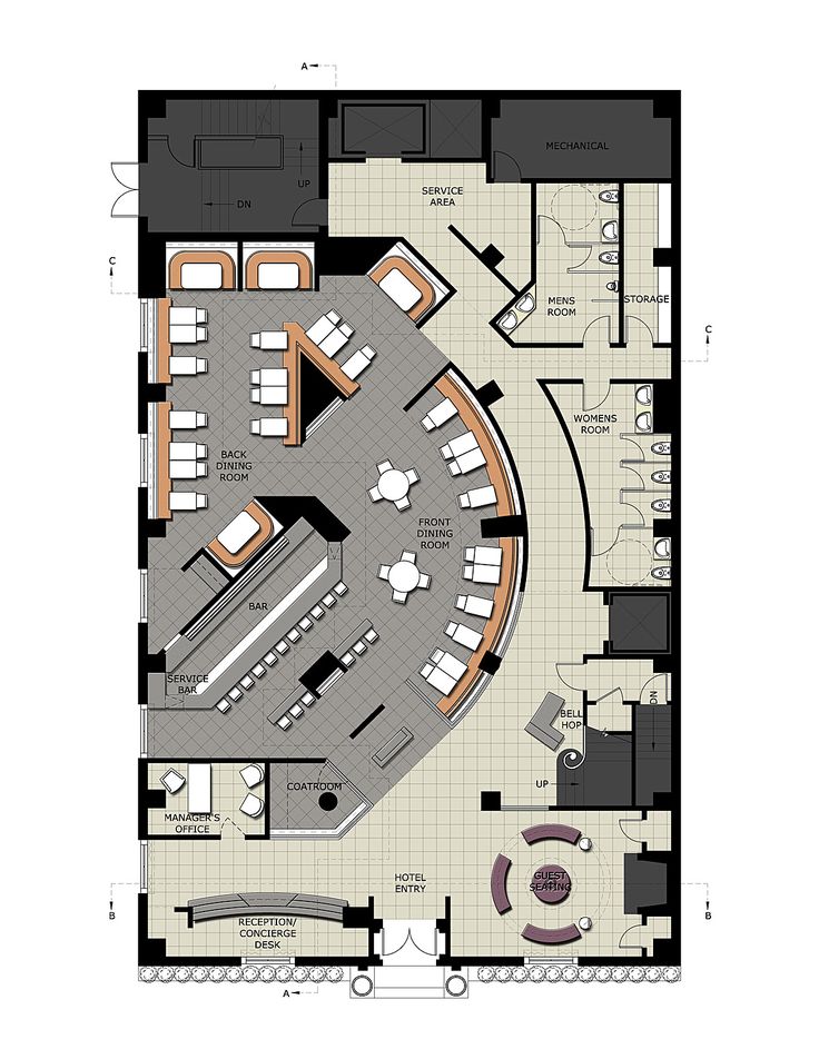 the floor plan for an office with tables and chairs